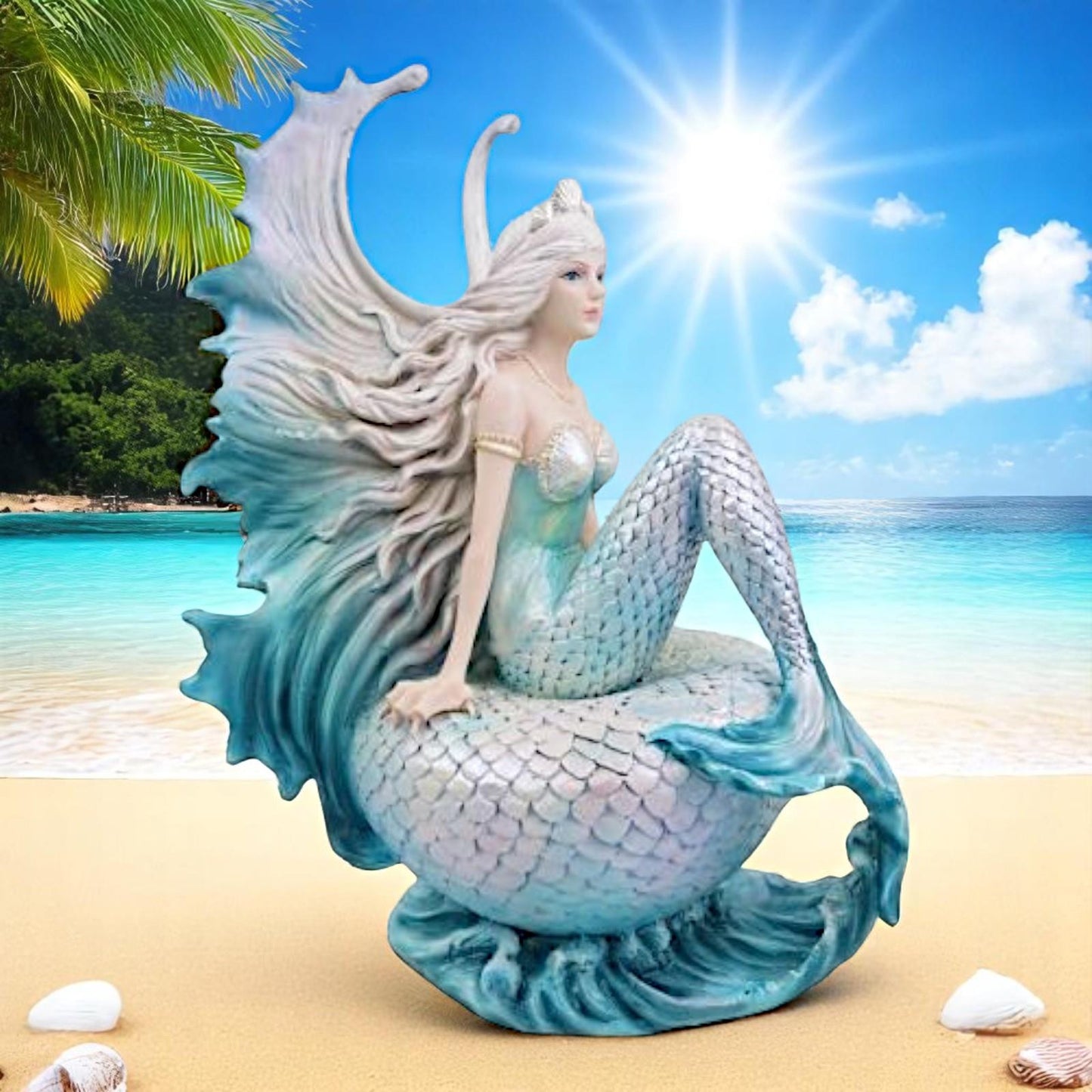 Elegant Mermaid Sitting on Shell Resin Figurine – Fantasy Ocean Goddess Statue 25cm