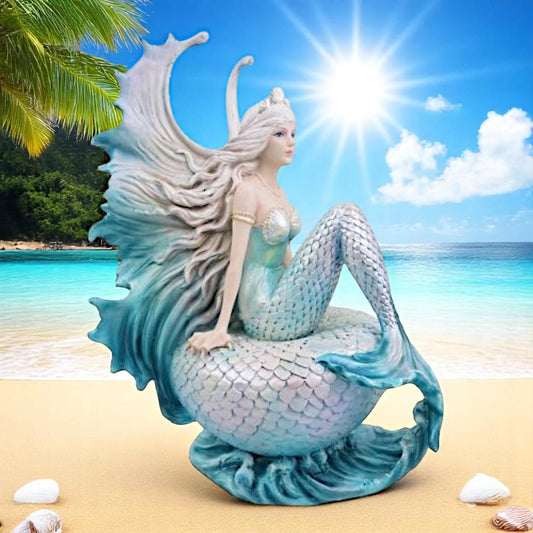 Elegant Mermaid Sitting on Shell Resin Figurine – Fantasy Ocean Goddess Statue 25cm