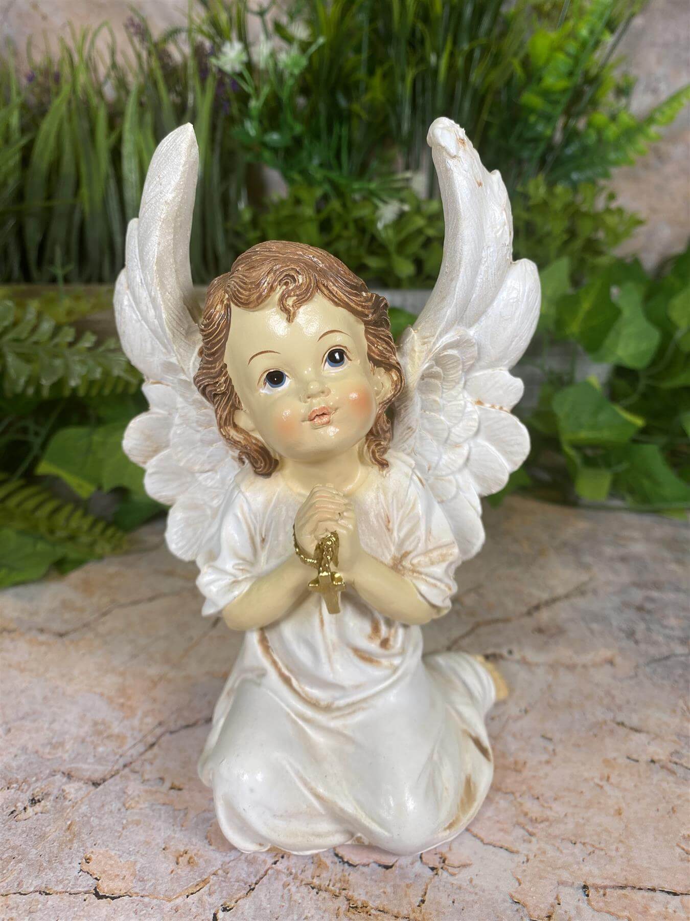 Handcrafted Guardian Angel Praying with Cross Statue Resin Sculpture-Osiris Craftworks