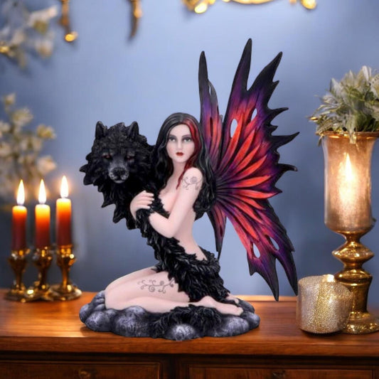 Enchanting Shadow Spirit Fairy Statue with Detachable Wings and Wolf Companion 34.5cm