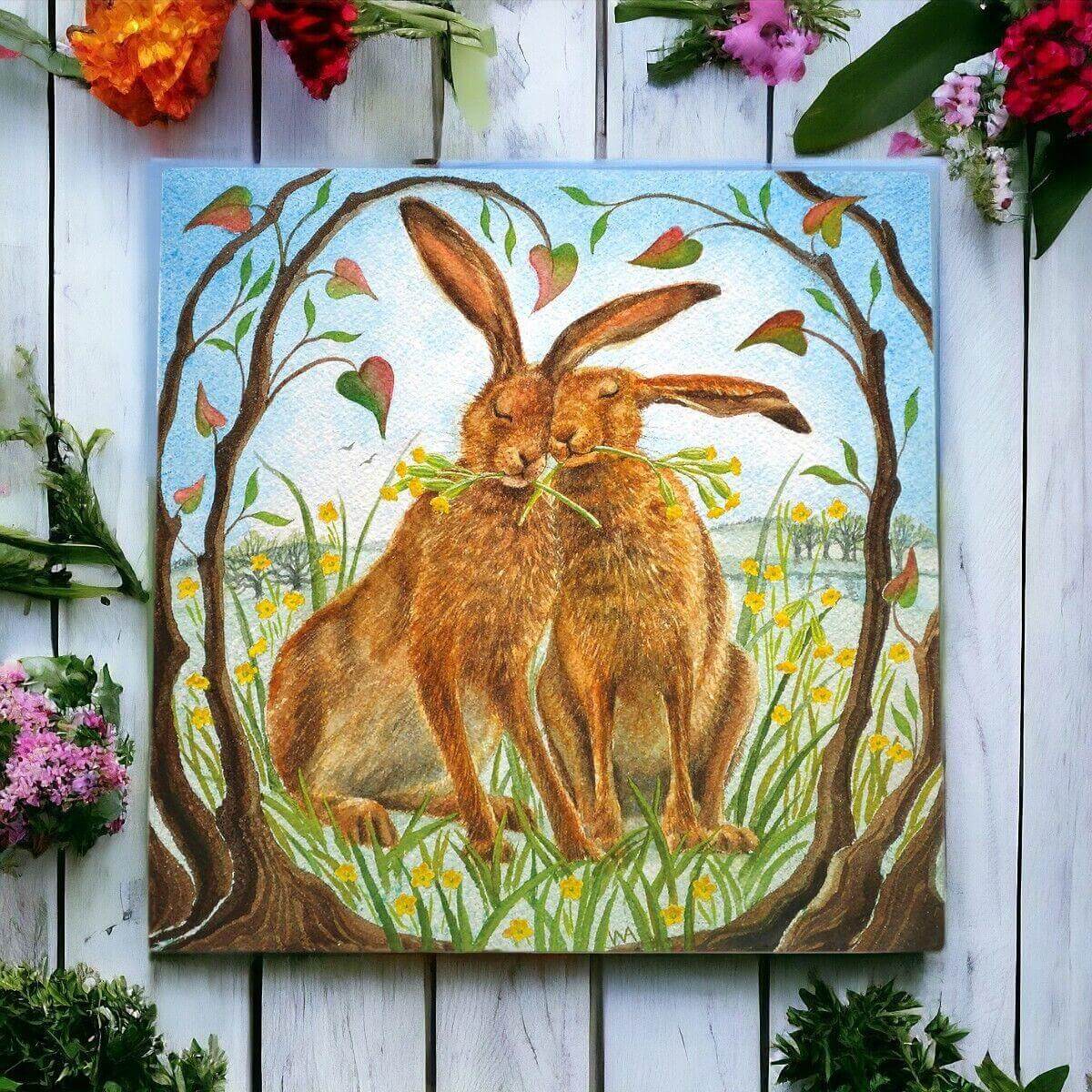 Delightful Happy Together Ceramic Tile Plaque Wendy Andrew Loving Hares Meadow-Osiris Craftworks