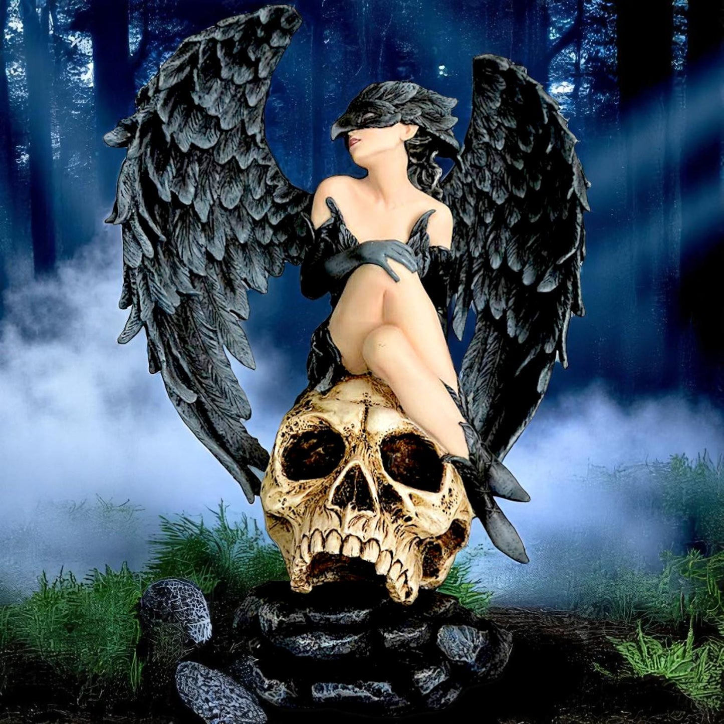Gothic Winged Bird Masked Raven Angel Figurine on Skull Dark Fantasy Sculpture
