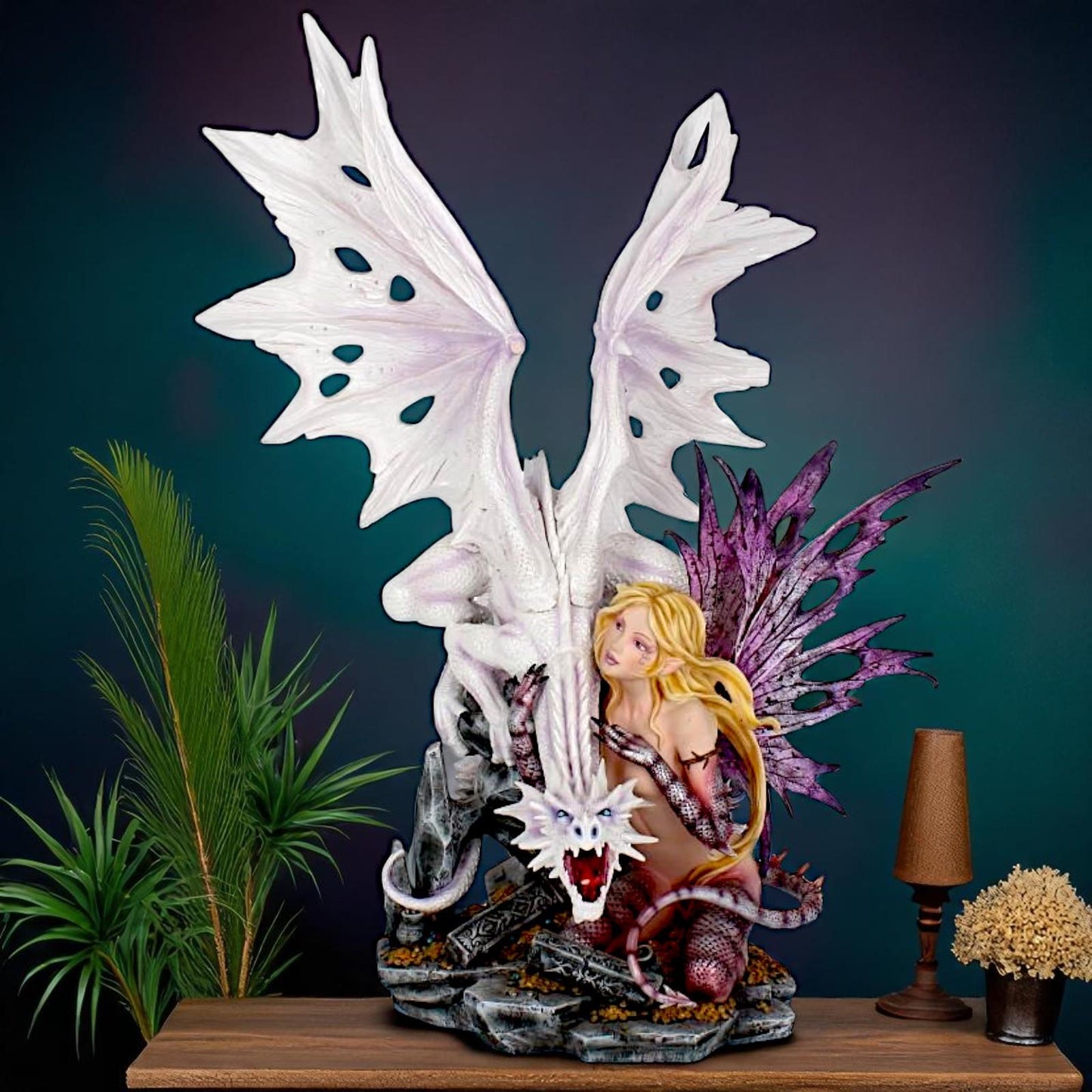 Mystical Guardian Dragon and Fairy Figurine Gothic Fantasy Enchanted Statue