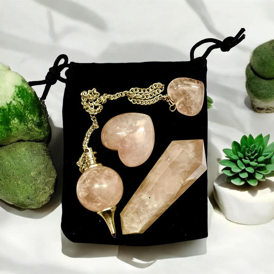 Healing Rose Quartz Crystal Set - Heart Shaped, Wand & Pendulum with Velvet Pouch | Reiki, Chakra Balancing, and Energy Healing Gift Set