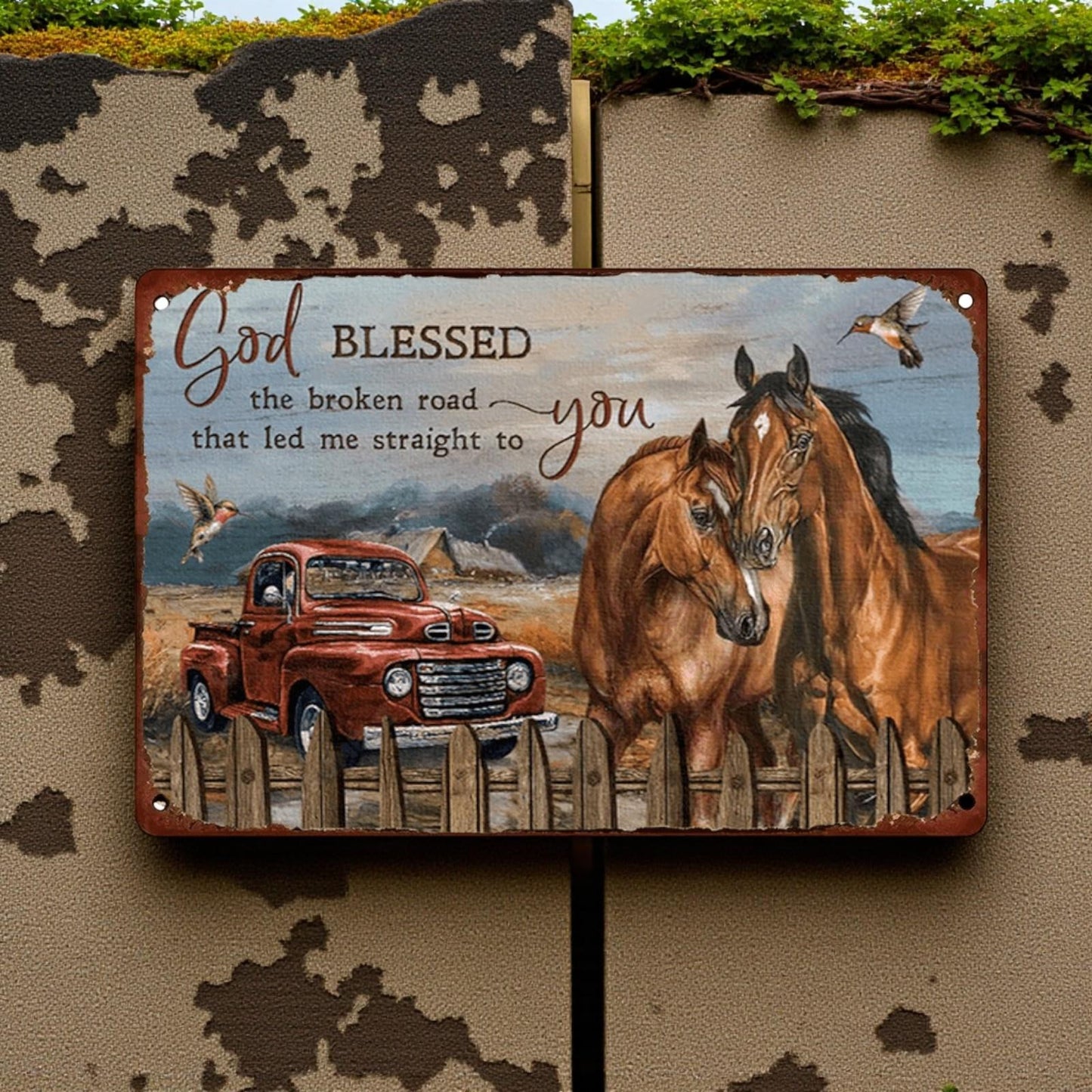 Inspirational God Blessed Metal Wall Plaque Horses Truck Country Home Sign