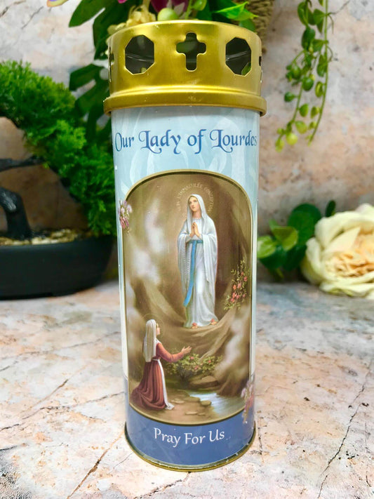 Our Lady of Lourdes Grave Candle Windproof Cap Prayer on Reverse Religious Graveside