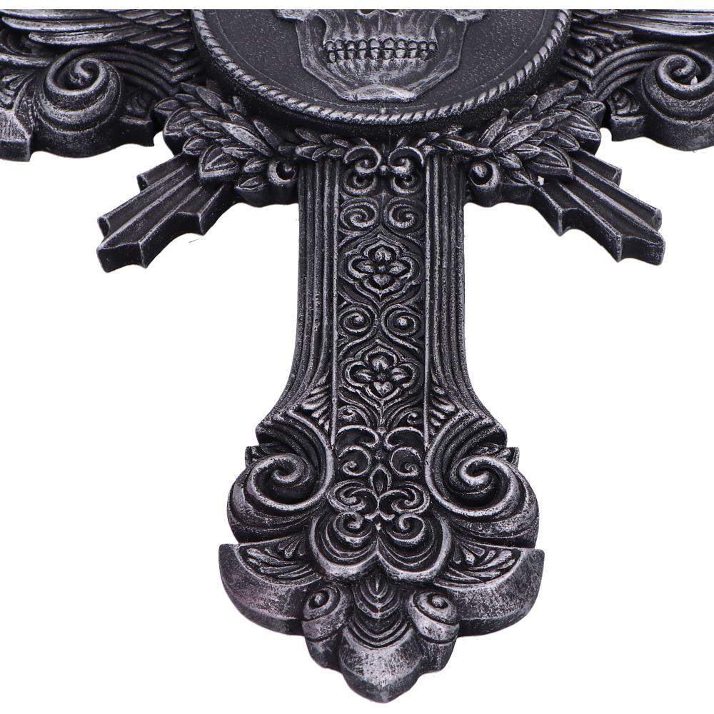 Horas Gothic Wall Clock Skull Cross Wings Silver Dark Fantasy Halloween Decor