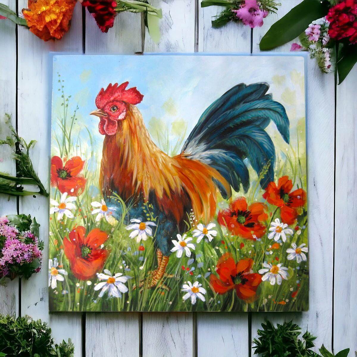 Vibrant 'Poppy Cockerel' Ceramic Tile by Judith Yates - Rustic Farmhouse Wall Art, Freestanding or Wall Mounted, 20x20 cm-Osiris Craftworks