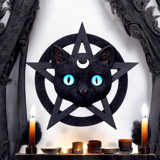 Feline Worship Cat Pentagram Wall Plaque 25.5cm