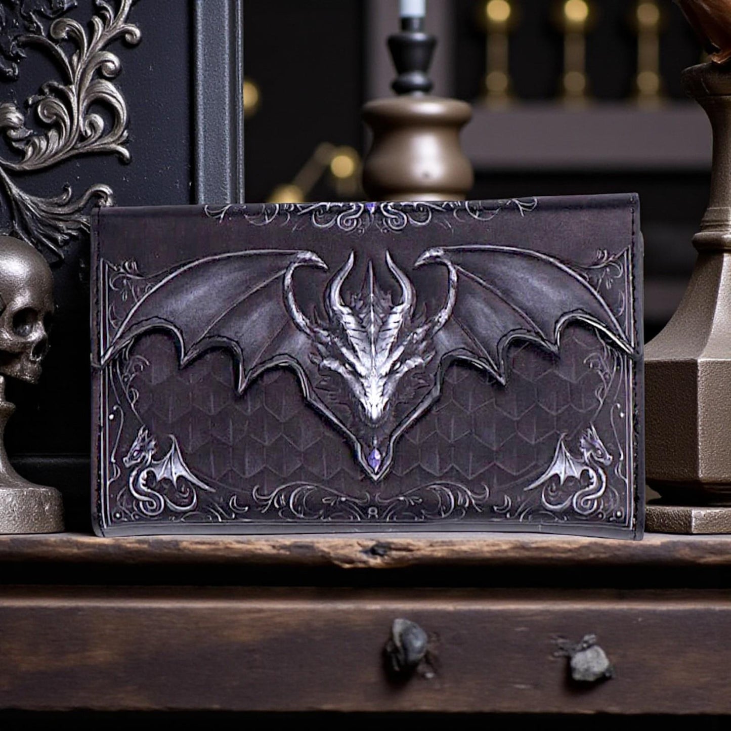 Dark Dragon Scale Purse Gothic Wallet Fantasy Gift Mythical Embossed Accessory