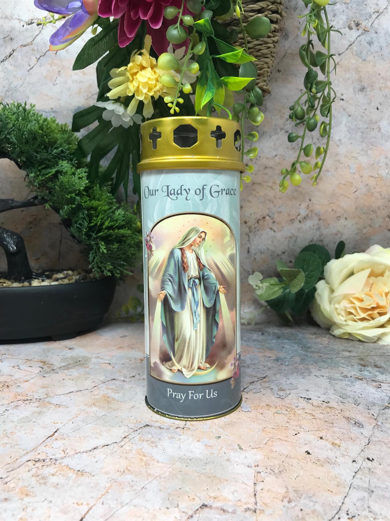 Our Lady of the Miraculous Grave Candle Windproof Cap Prayer on Reverse Religious Graveside