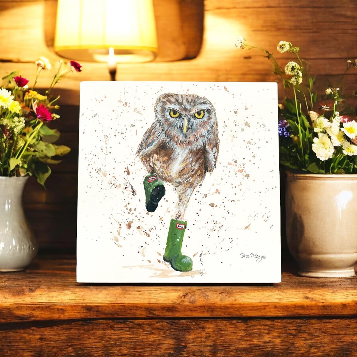 Oliver in Boots Owl Ceramic Art Tile by Bree Merryn – 20x20cm