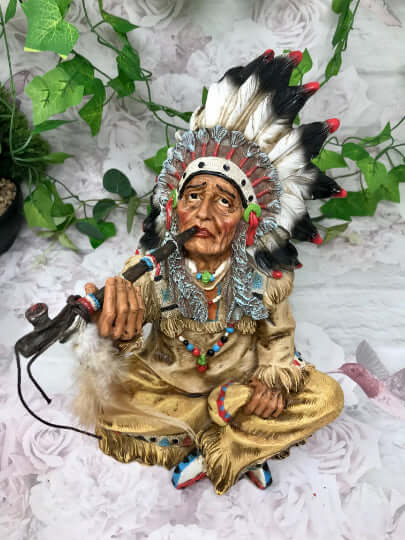 Indian Chief Smoking a Peace Pipe Figurine Native American Collection Sculpture