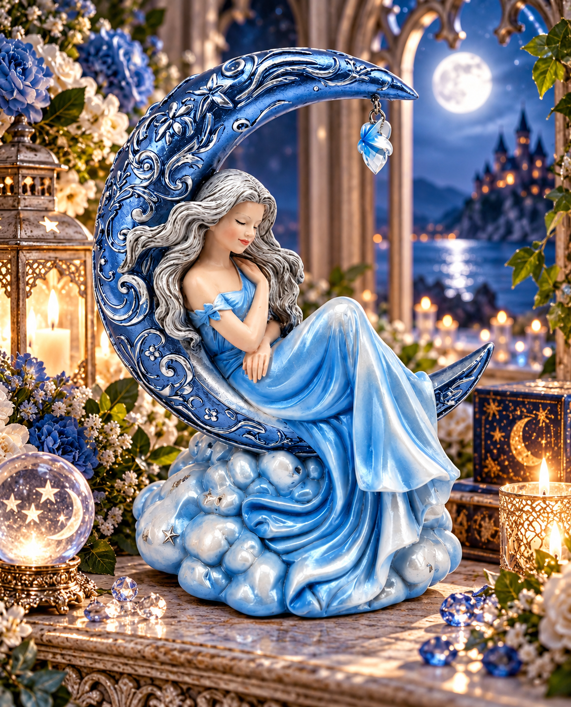 Moon Fairy Figurine Resting on Crescent Moon Celestial Fantasy Ornament 17.8cm