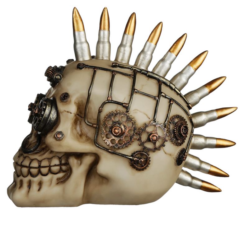 Steampunk Skull Ornament with Bullet Mohawk Gothic Fantasy Figurine Statue Decor