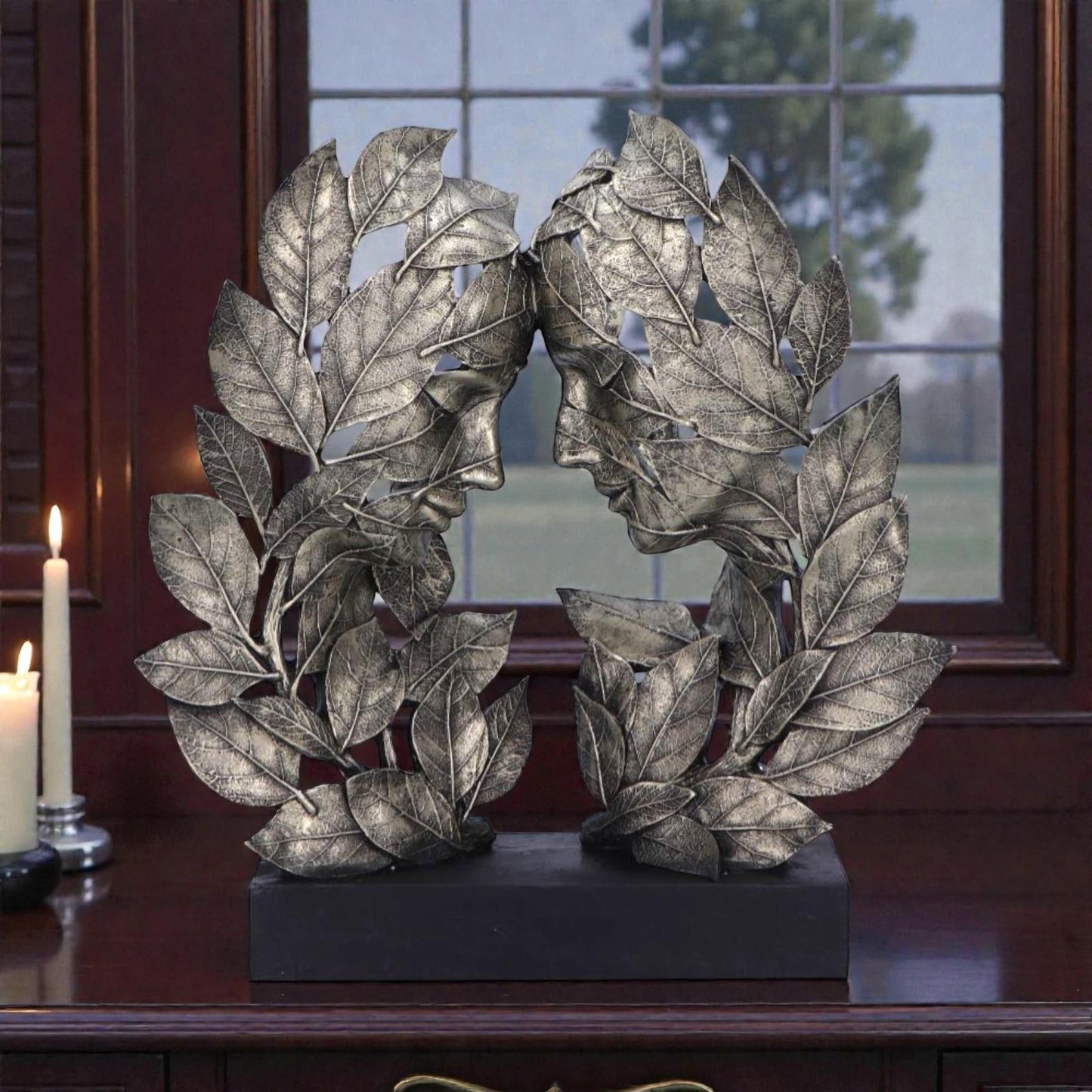 Silver Leaf Couple Face Statue Abstract Romantic Sculpture Decorative Art Figurine