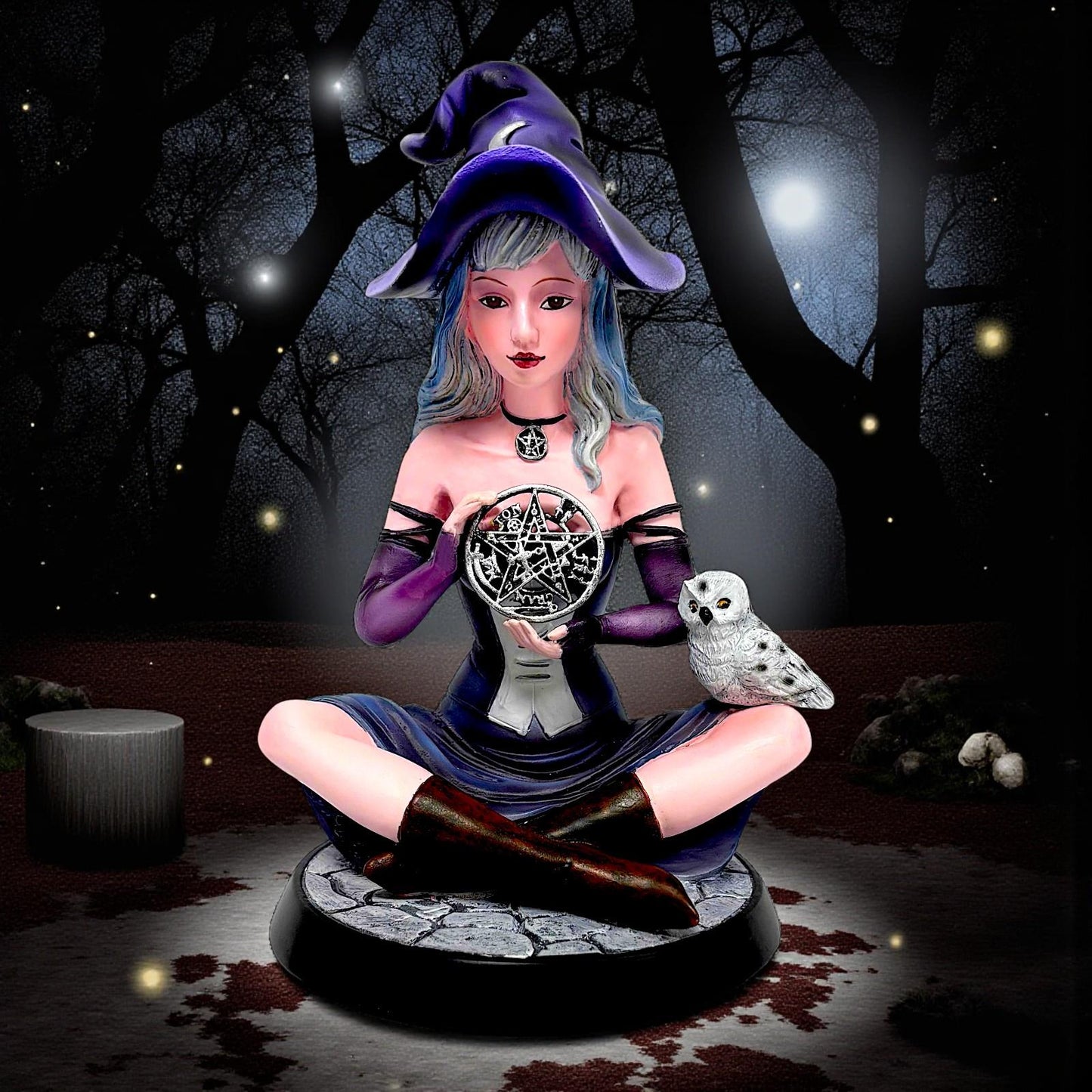Fantasy Witch Holding Pentagram Figurine Wiccan Ornament  Statue with Owl