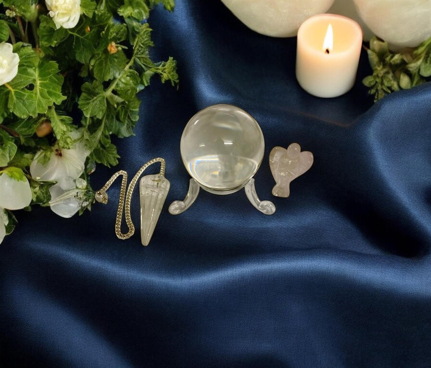 Small Clear Quartz Crystal Ball & Stand, Quartz Dowsing Pendulum & 3cm Quartz Angel Set - 4cm Sphere