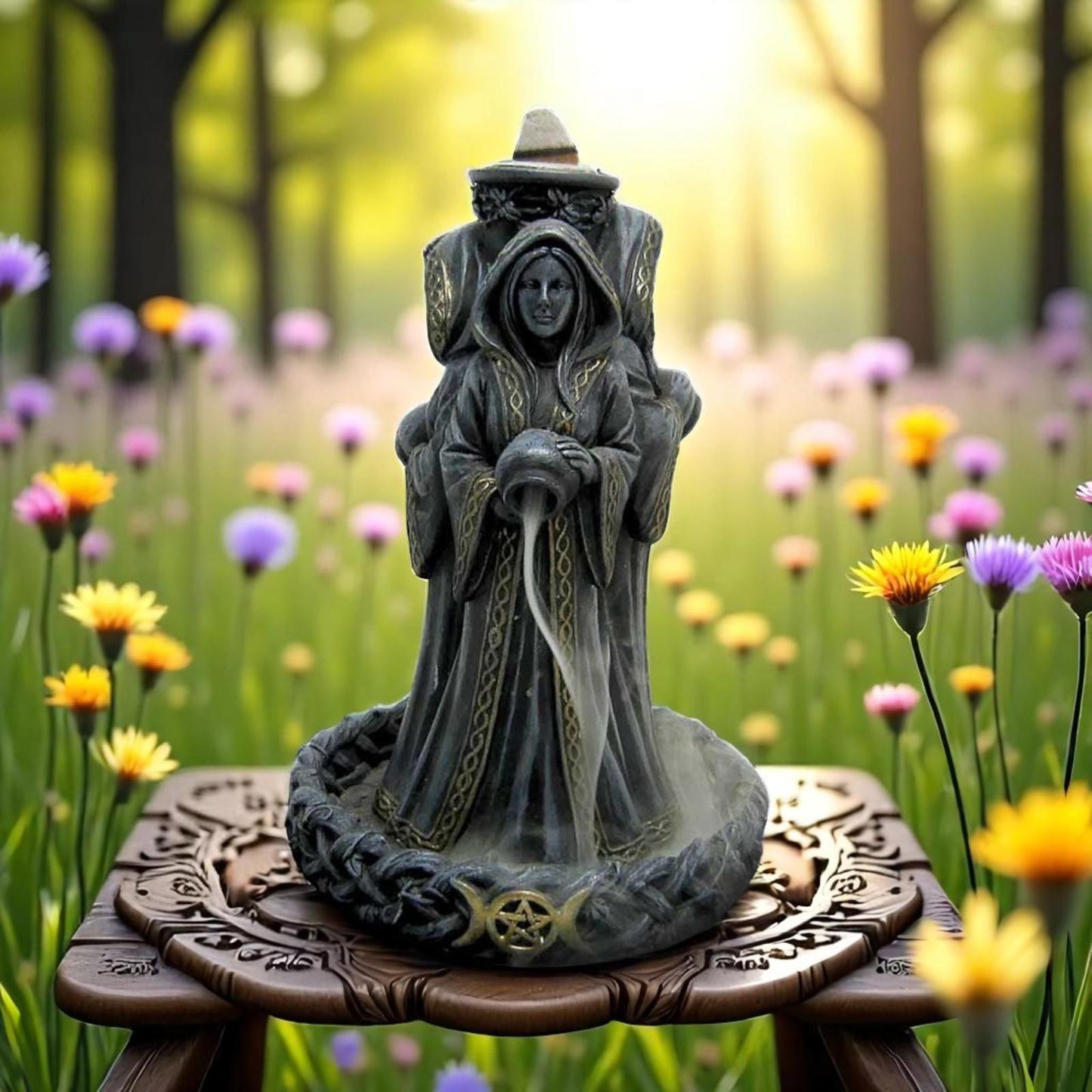 Triple Moon Goddess Incense Burner | Wiccan Backflow Resin Holder 15.5cm Witch Decor