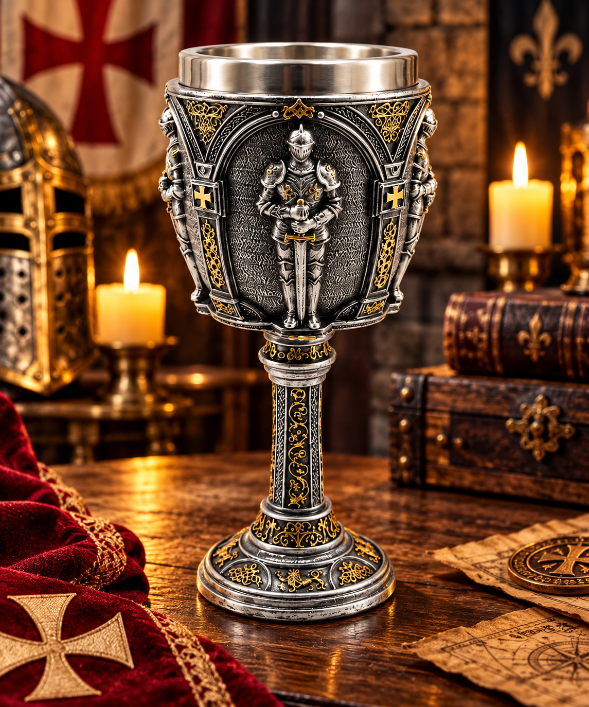 Knights Templar Goblet 18cm Medieval Gothic Chalice Silver Gold Wine Cup Gift