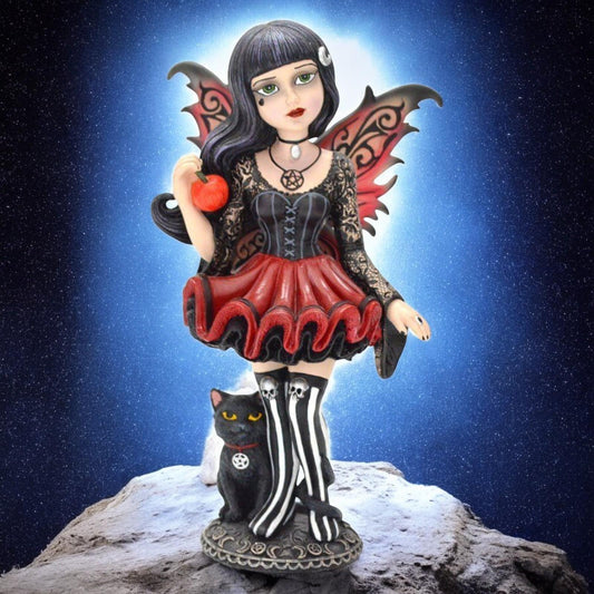 Gothic Hazel Fairy Statue with Cat 16cm - Fantasy Figurine, Forbidden Fruit Decor