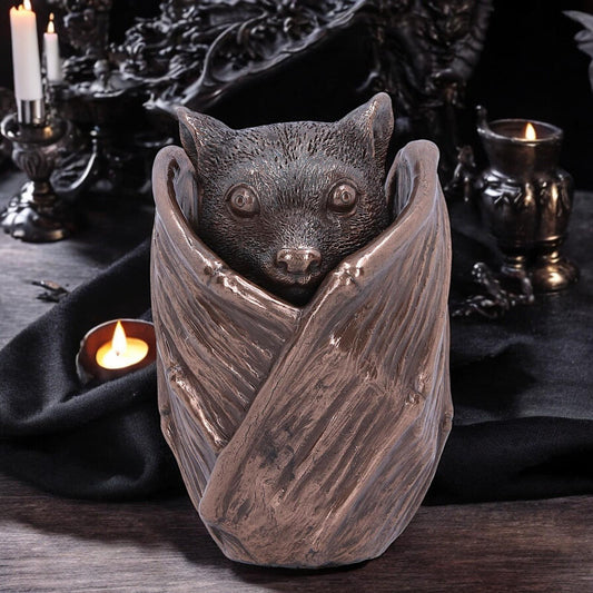 Bronze Bat Snuggle Box 8.5cm | Hand-Painted Gothic Decor | Cast Resin Bat Storage