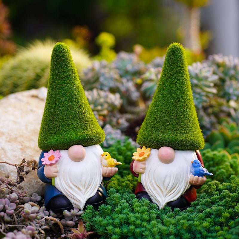 Whimsical Garden Gnome Statue - Moss Hat Design, Handcrafted Resin, Adorable Gnome Holding Bird & Flower, Ideal for Outdoor Garden Decor