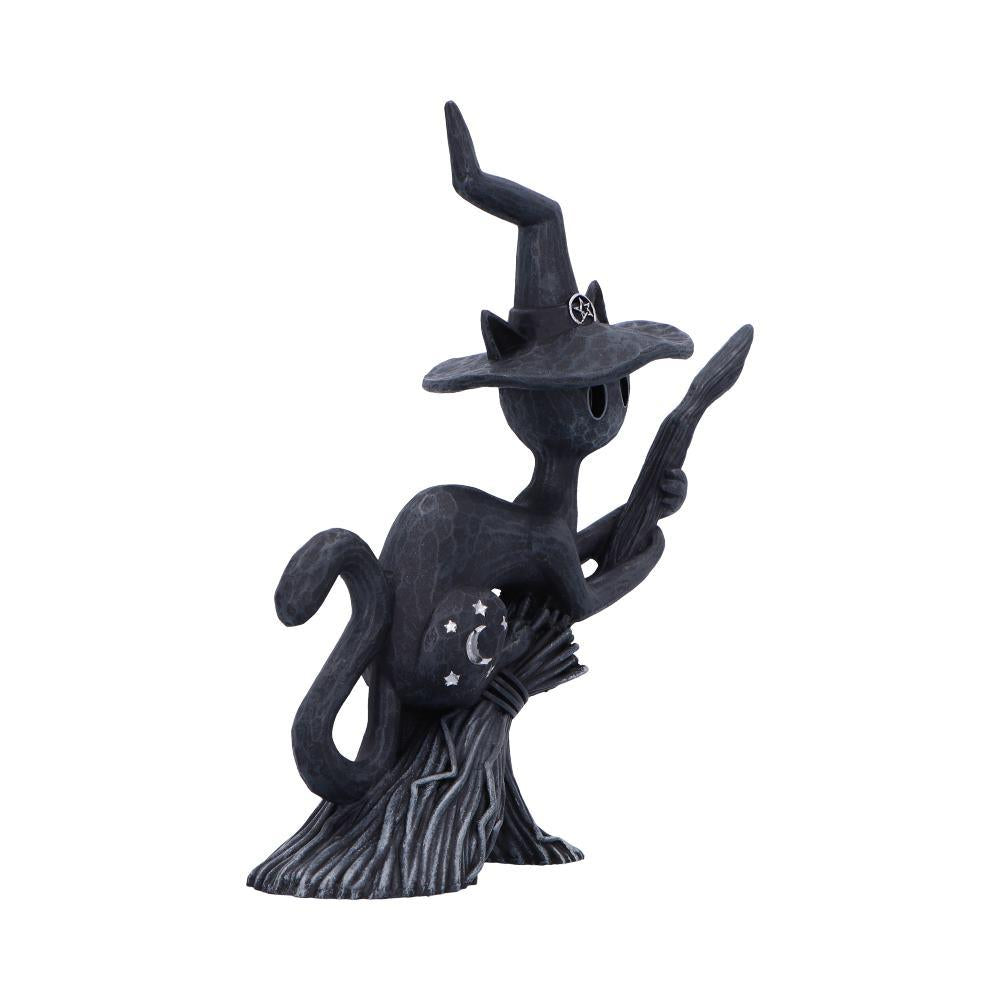 Bewitch Spell Cat Figurine Flying Wiccan kitty Broomstick Fantasy Halloween Altar