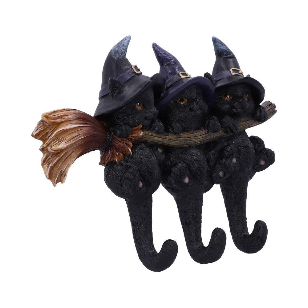 Black Cat Key Holder Witches Broomstick Wall Hook Gothic Decor Ornament Wiccan