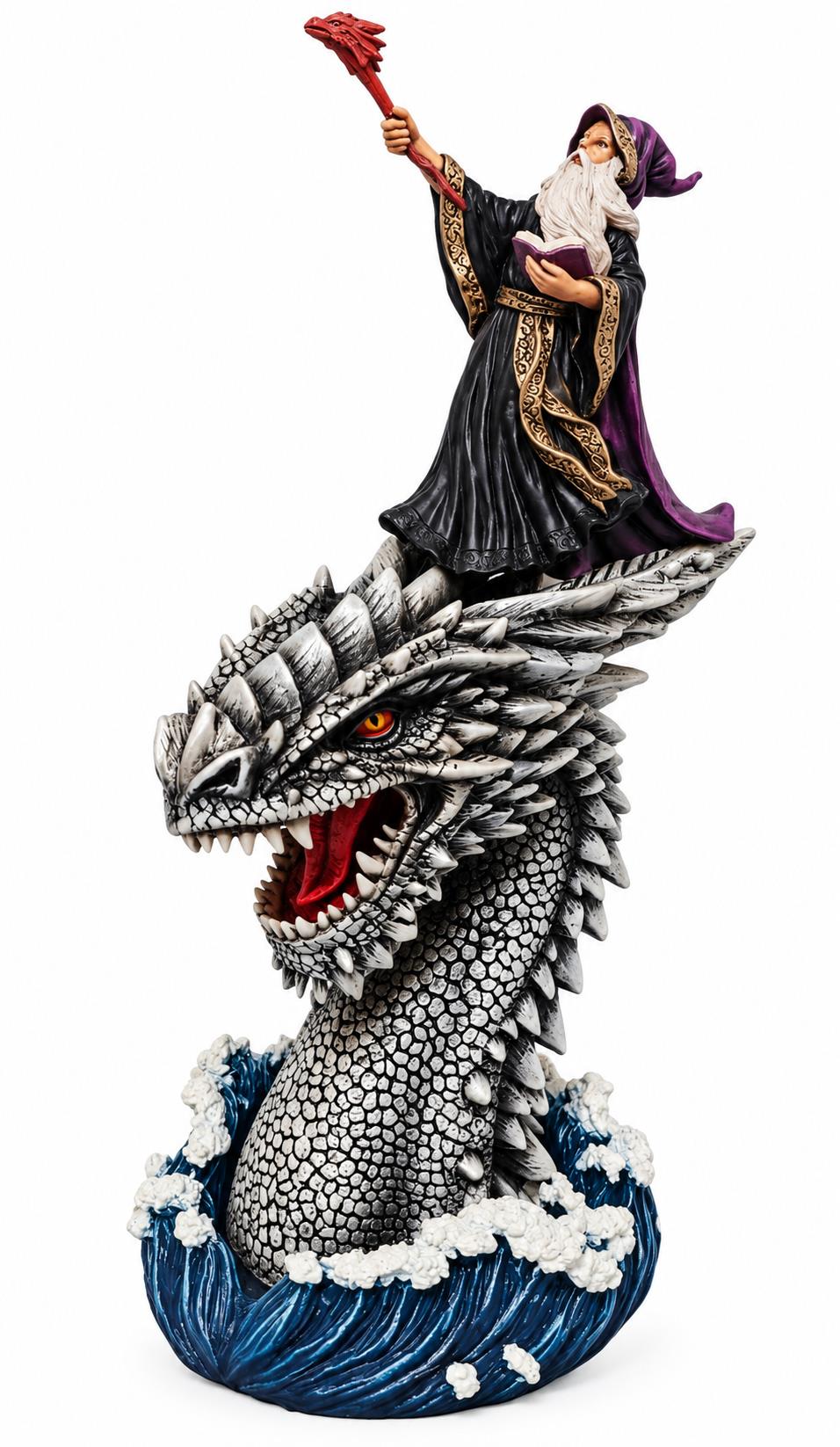 Wizard & Dragon Head Figurine Sorcerer Fantasy Gothic Statue Ornament 24.5cm