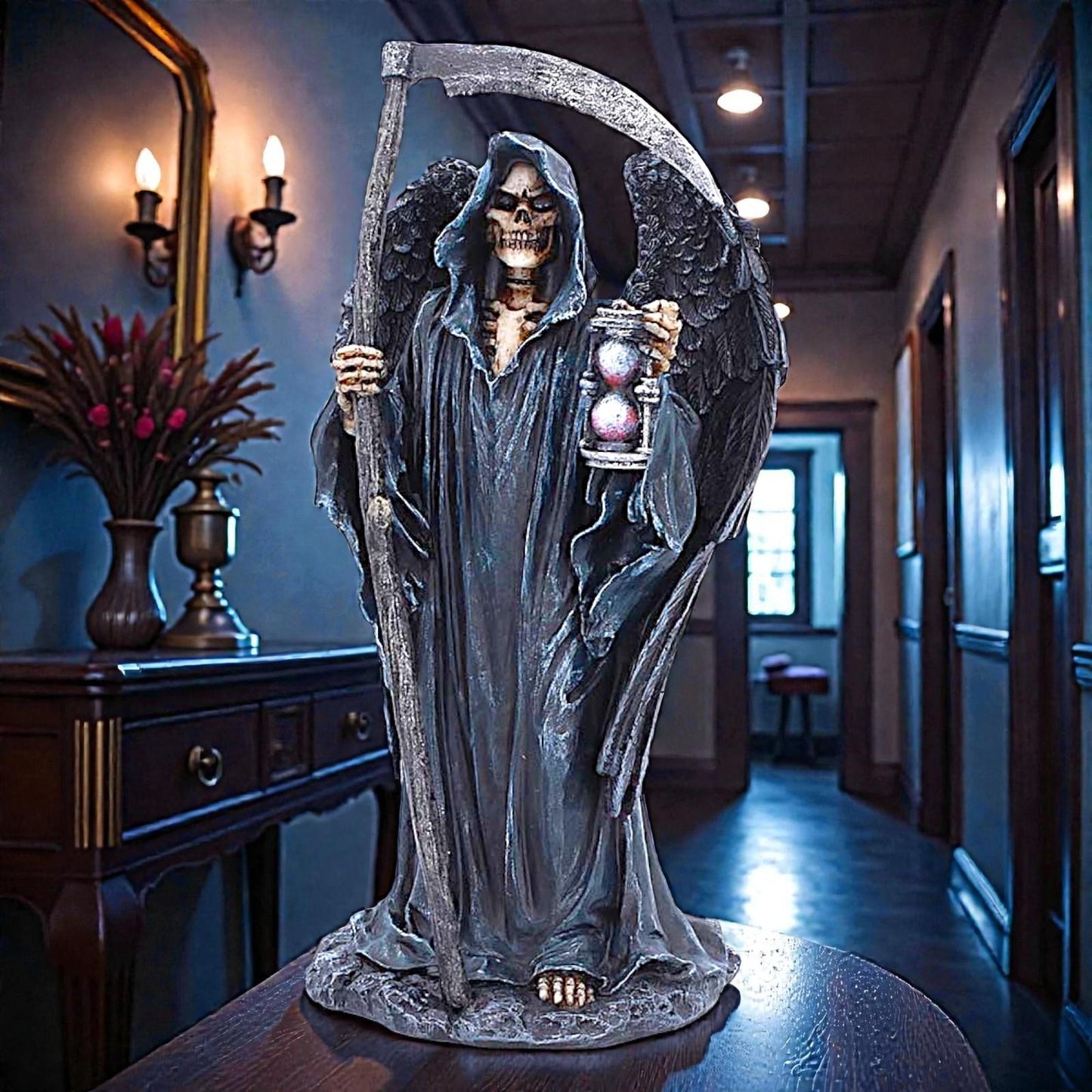 Dark Reaper Figurine Gothic Death Angel Statue Skeleton Scythe Sand Timer Statue