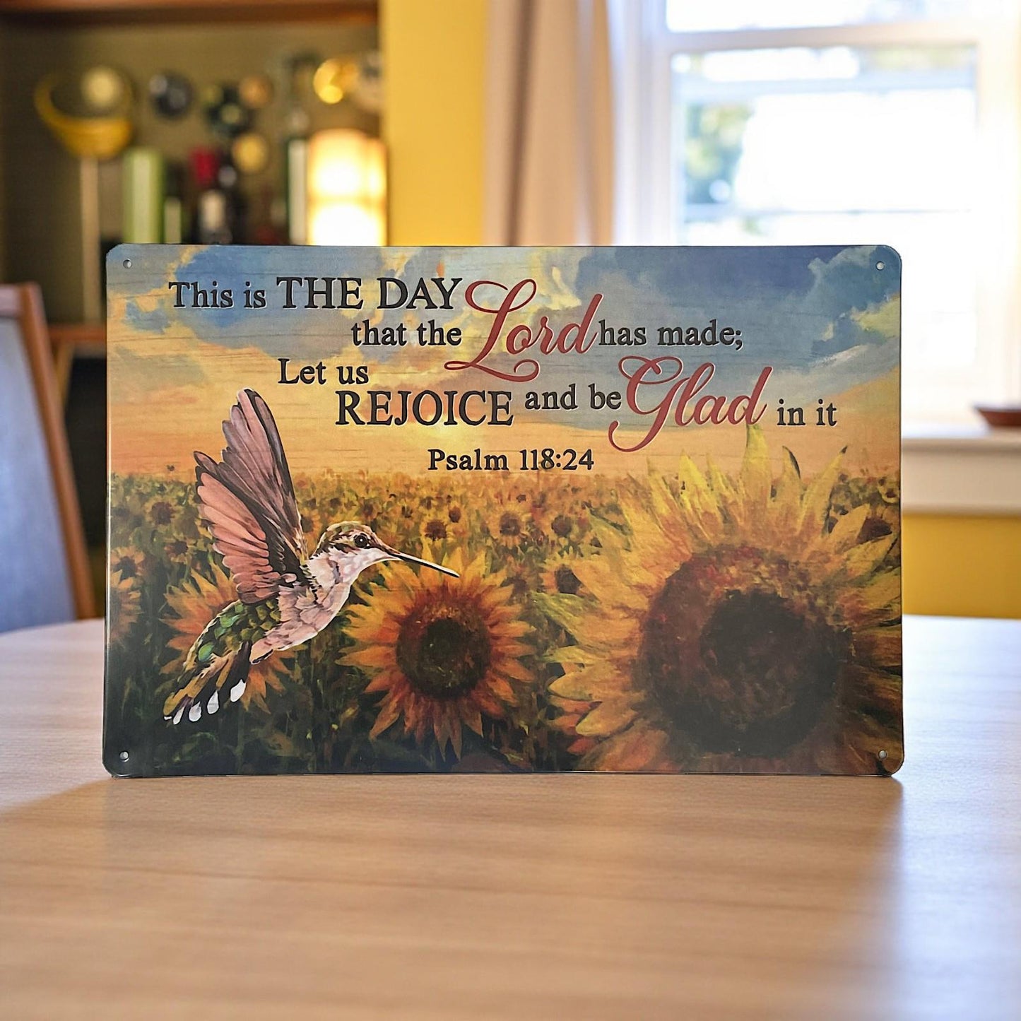 Inspirational Bible Verse Metal Sign Sunflowers Hummingbird Christian Faith Plaque