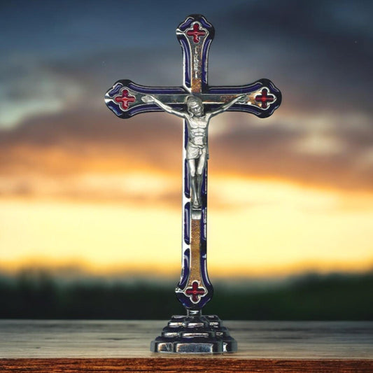 Silver Effect Metal Crucifix with Blue & Red Enamel - Boxed Religious Cross - 15 cm