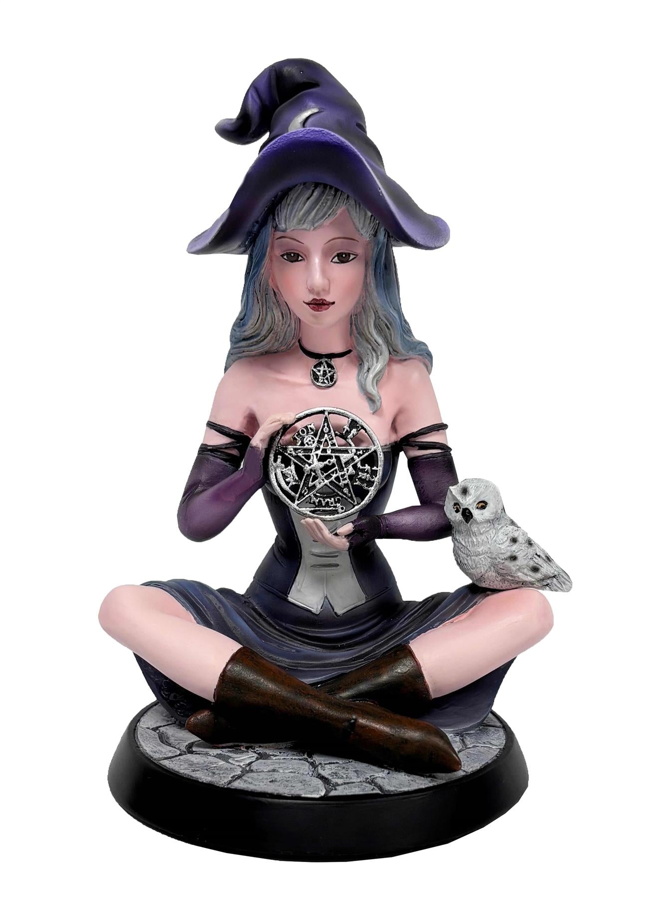 Fantasy Witch Holding Pentagram Figurine Wiccan Ornament  Statue with Owl