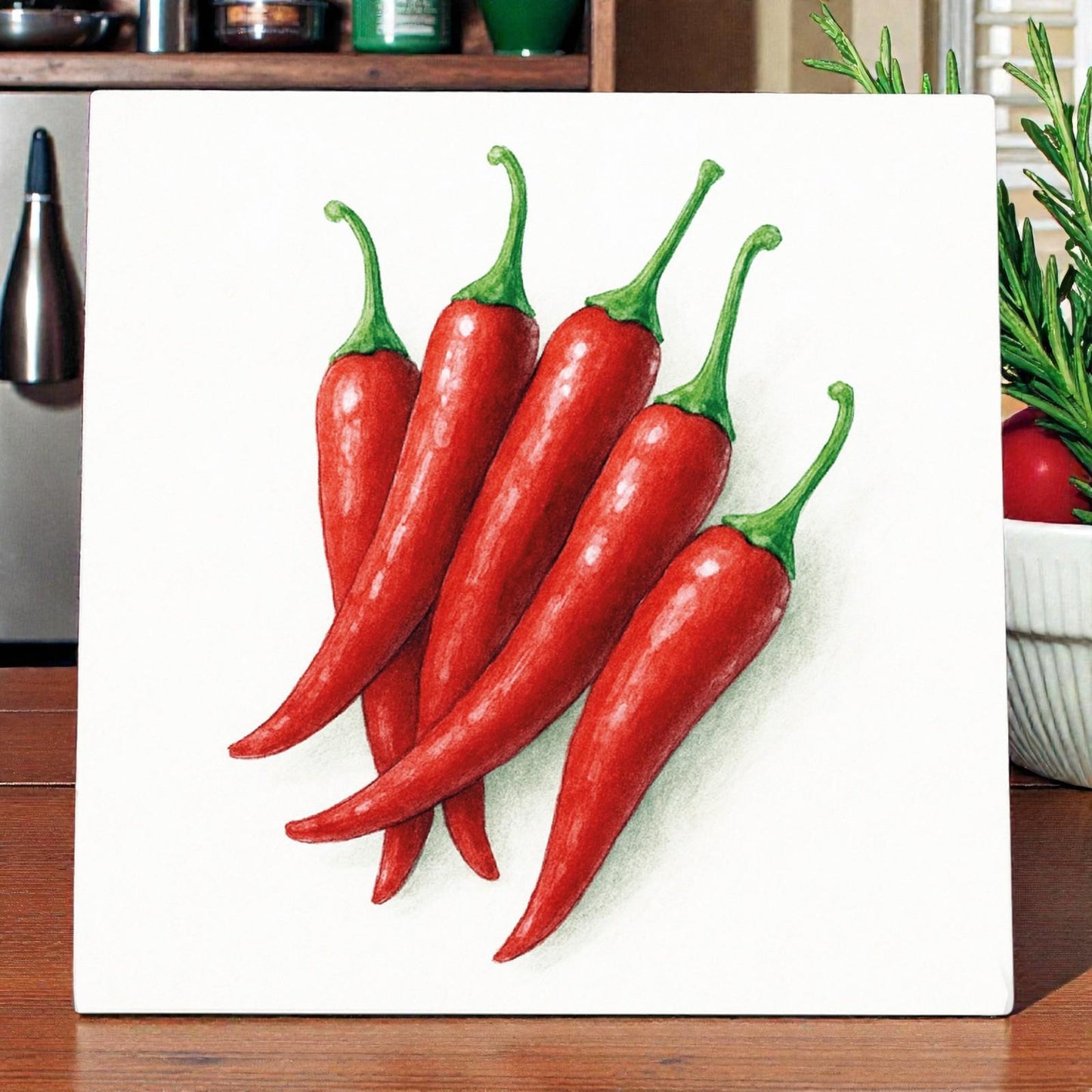 Red Spicy Chilli Ceramic Tile Artwork 20cm Kitchen Décor Hot Pepper Wall Plaque