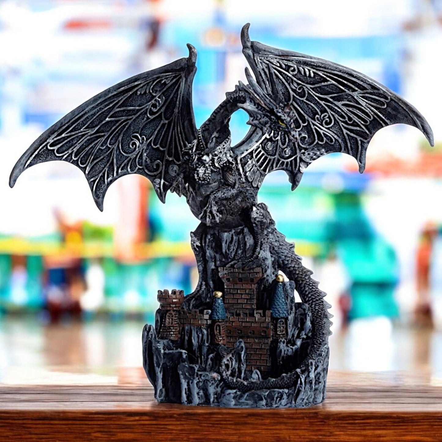 Castle Protector Dragon Statue - Magic Silver Fantasy Ornament Decor