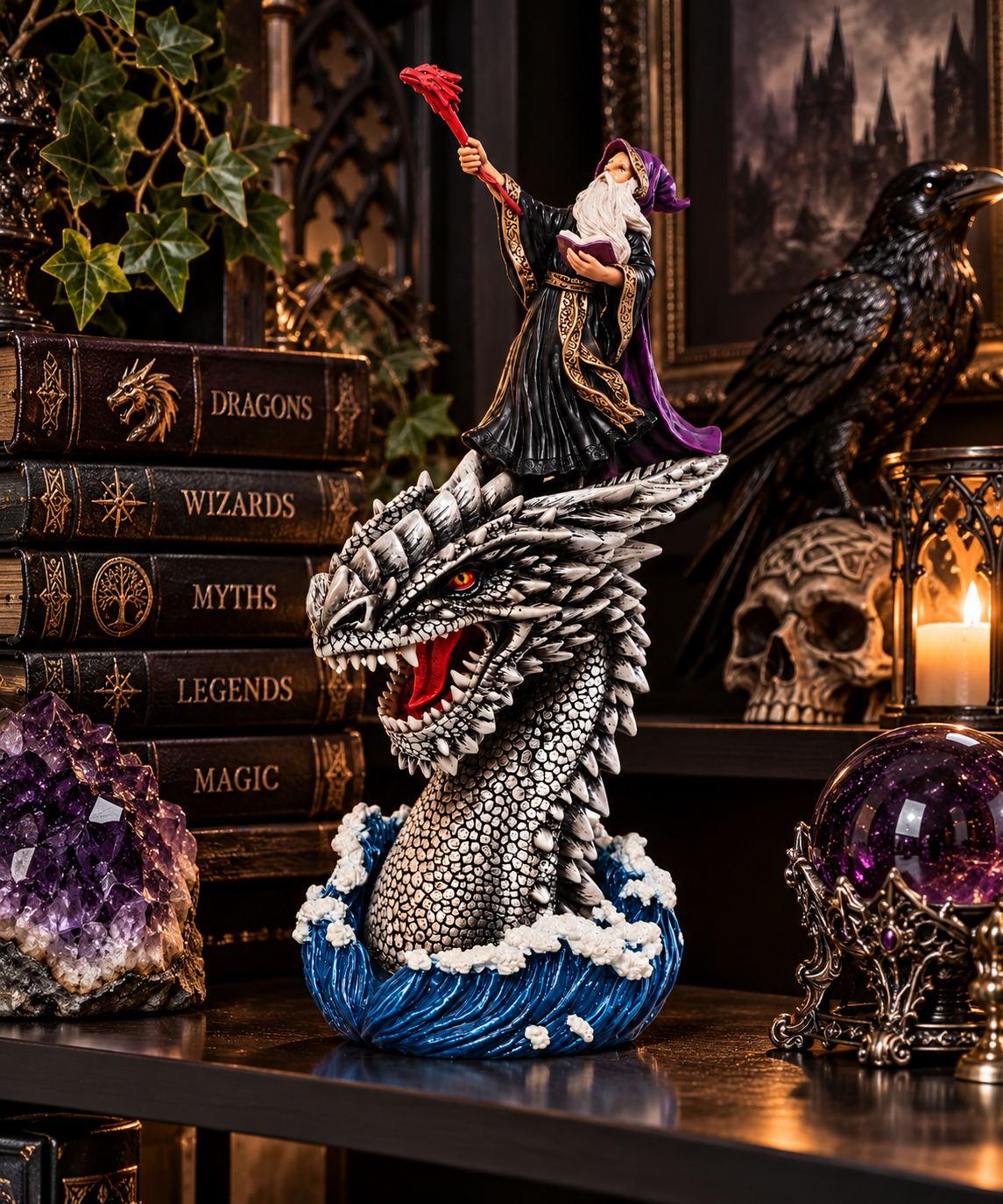 Wizard & Dragon Head Figurine Sorcerer Fantasy Gothic Statue Ornament 24.5cm