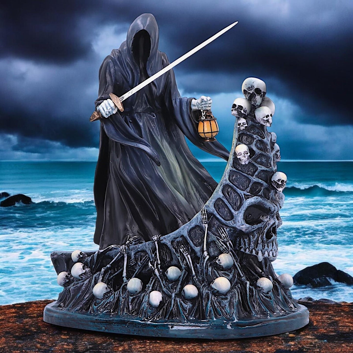 Gothic Ferryman Grim Reaper Figurine | Dark Fantasy Skeleton Boat Ornament | Horror Decor