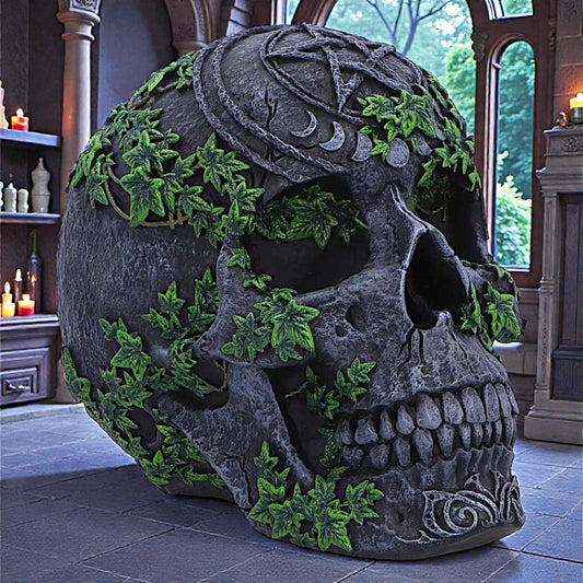 Aged Pentagram Skull Statue Gothic Occult Wiccan Figurine Witchcraft Decor