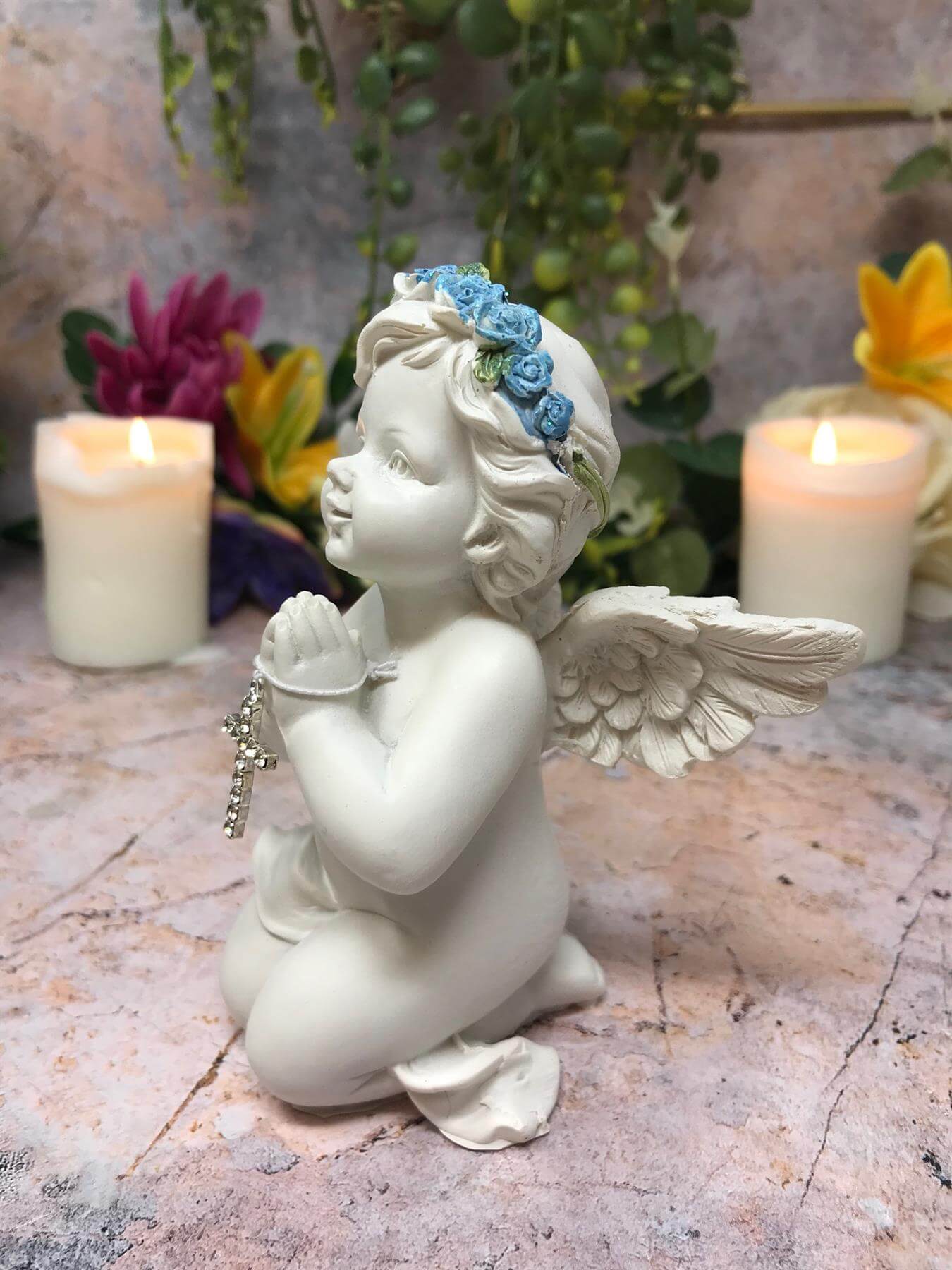 Praying Cherub Angel Figurine | 7.8cm Resin Religious Decor | Baby Angel with Cross