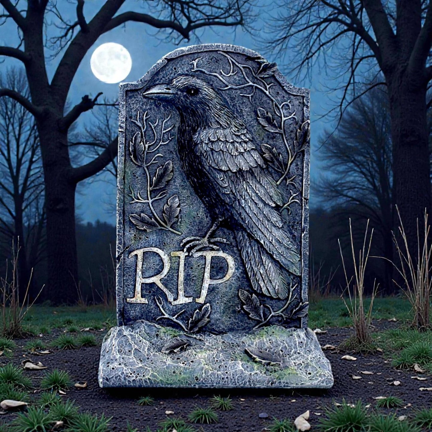 Gothic Raven Gravestone Ornament  RIP Tombstone Crow Statue Halloween Decor