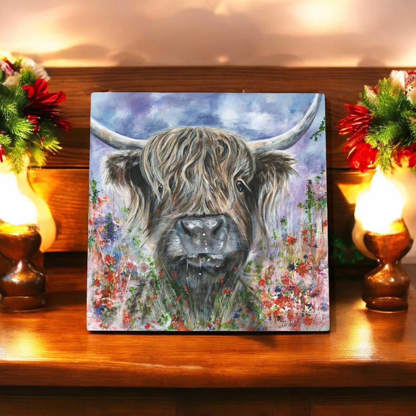 TEDDY HIGHLAND COW Ceramic Art Tile by Pankhurst Gallery 20X20 cm - Ready to Hang - Beautiful Gift