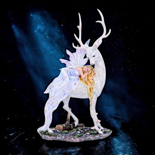 Enchanted Fairy with Majestic Stag Figurine | Fantasy Resin Sculpture | Mystical Forest Decor 32.5 cm