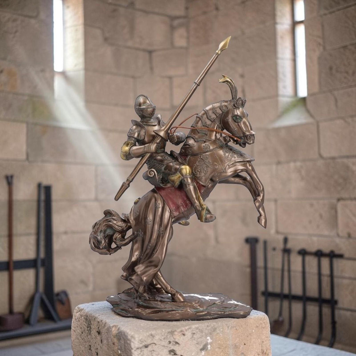 Medieval Knight on Horse Figurine Armoured Cavalry Statue Bronze Effect 45.9cm