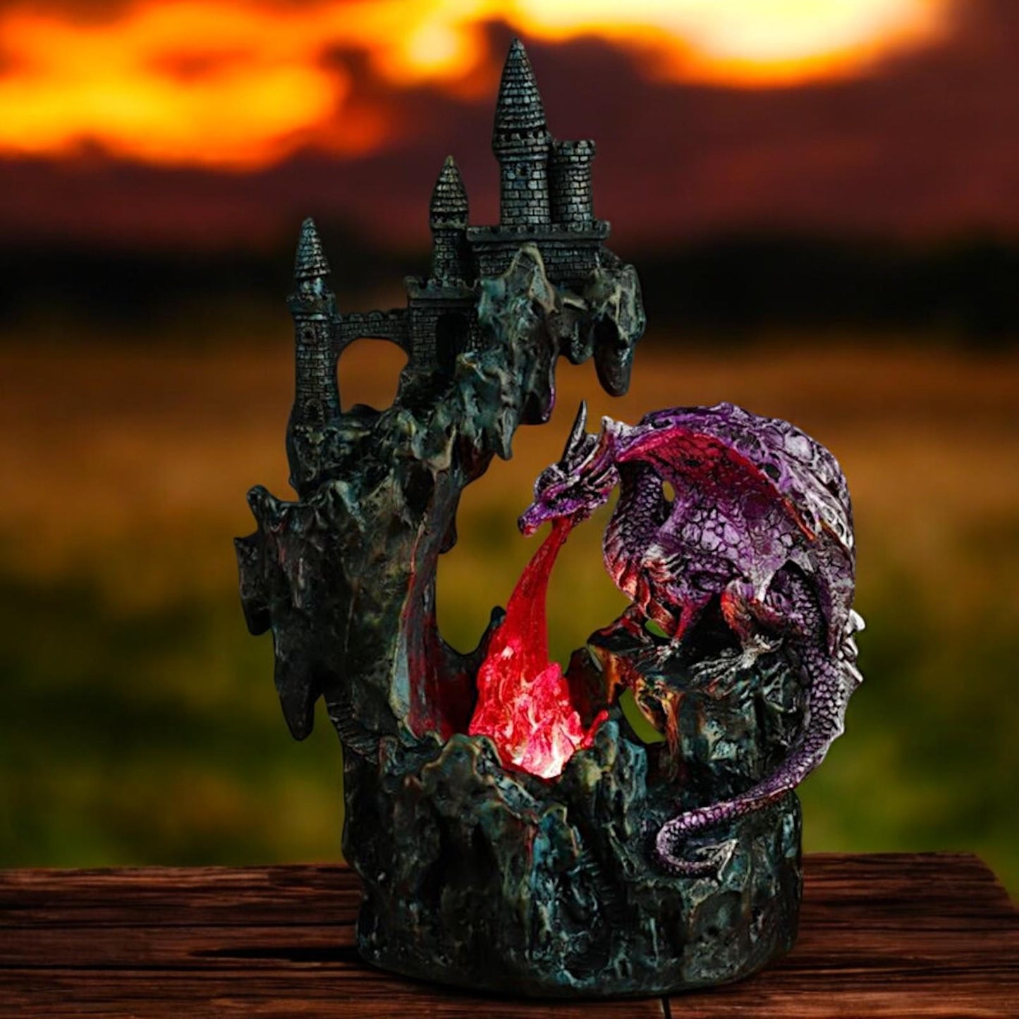 Purple Dragon LED Figurine with Castle Guardian - Fantasy Gothic Ornament 24cm