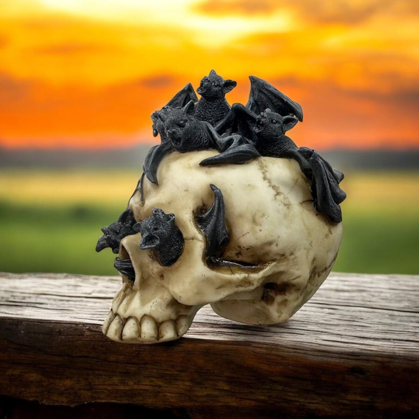 Dark Fantasy Gothic Skull and Bats Statue Occult Halloween Decor Altar Ornament