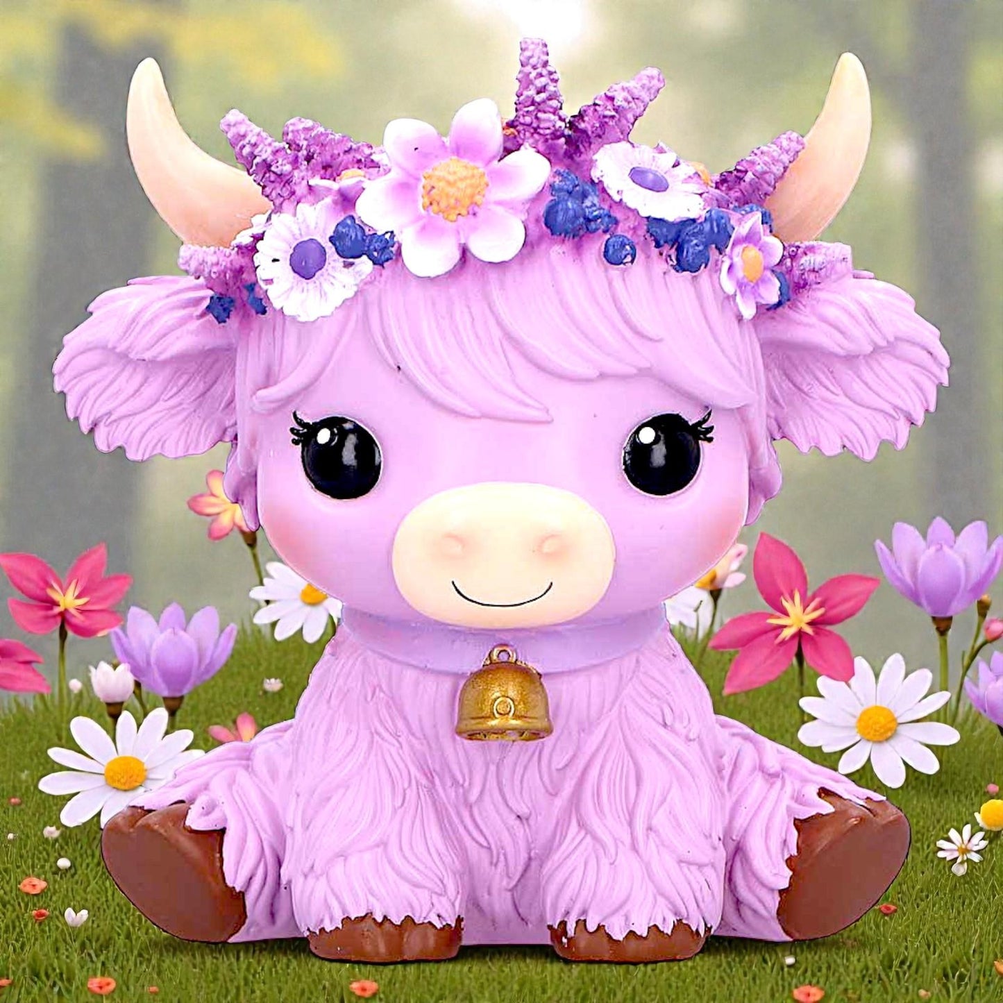 Moo Crew Hyacinth Purple Flower Cow Figurine Cute Farmhouse Ornament Decor