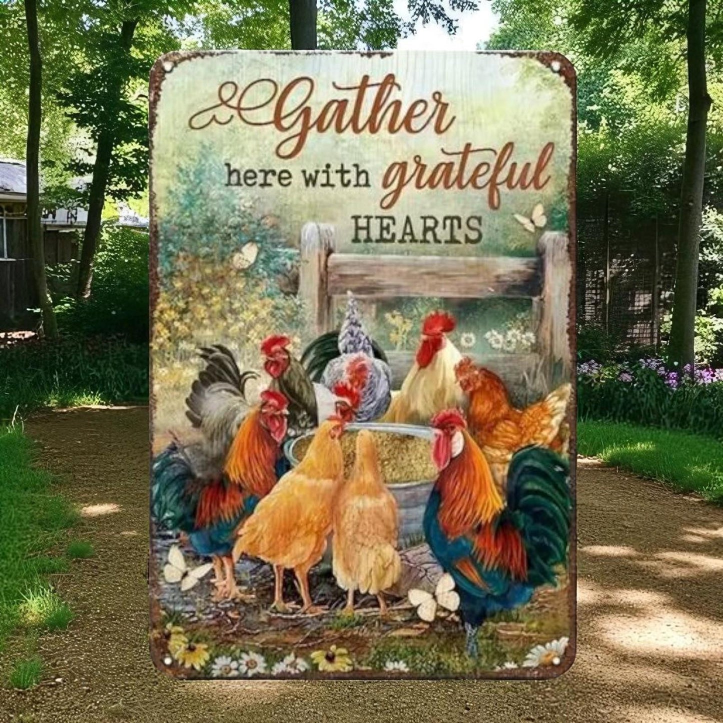 Farmhouse Rooster Chicken Metal Wall Sign Rustic Plaque Grateful Hearts 30x20cm