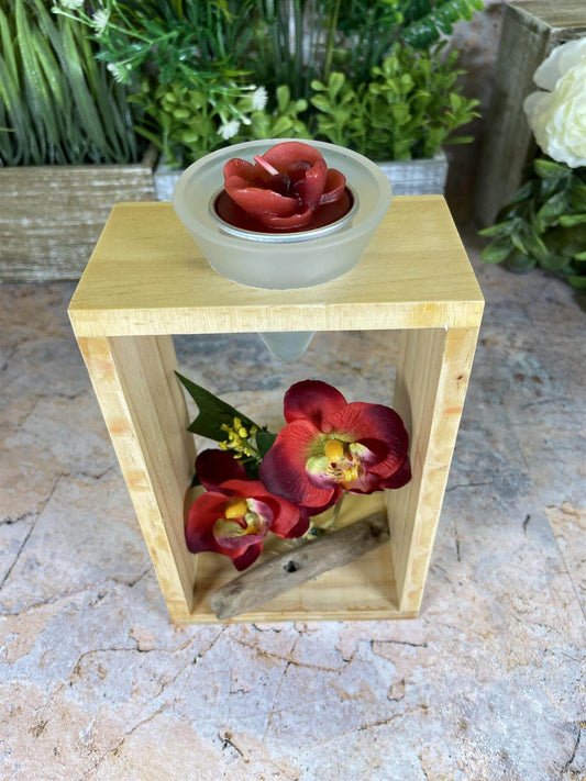 Elegant Orchid Artificial Flower Arrangement with Wooden Candle Holder - 19 cm Tall