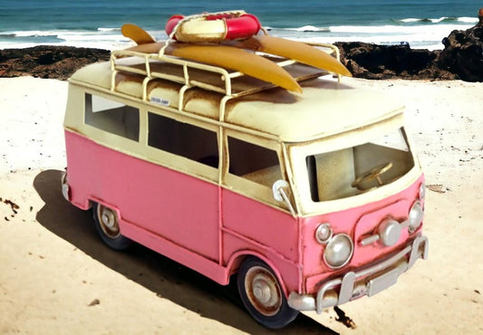 Antique Style Camper Van - Vintage Metal Model Decor - Pink & Cream - Collectible Gift